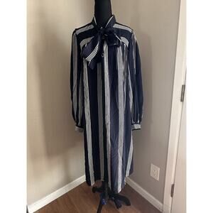 Vtg Chez California Designed By Tandy Navy White Striped Collar Neck Tie Dress